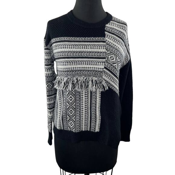 White + Warren Black / White Southwest Print Color-Block Fringe Crew Sweater XS - Picture 1 of 8